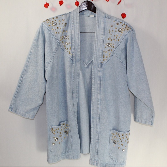Vintage 80s light wash denim jacket women’s large studded details pockets - Picture 3 of 5